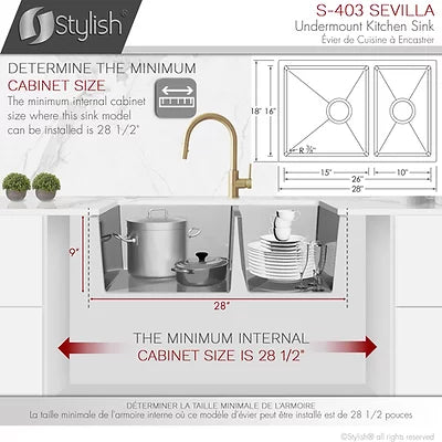STYLISH 28" Sevilla Undermount Double Bowl Kitchen Sink, 18 Gauge Stainless Steel with Standard Strainers, by Stylish® S-403 Sevilla