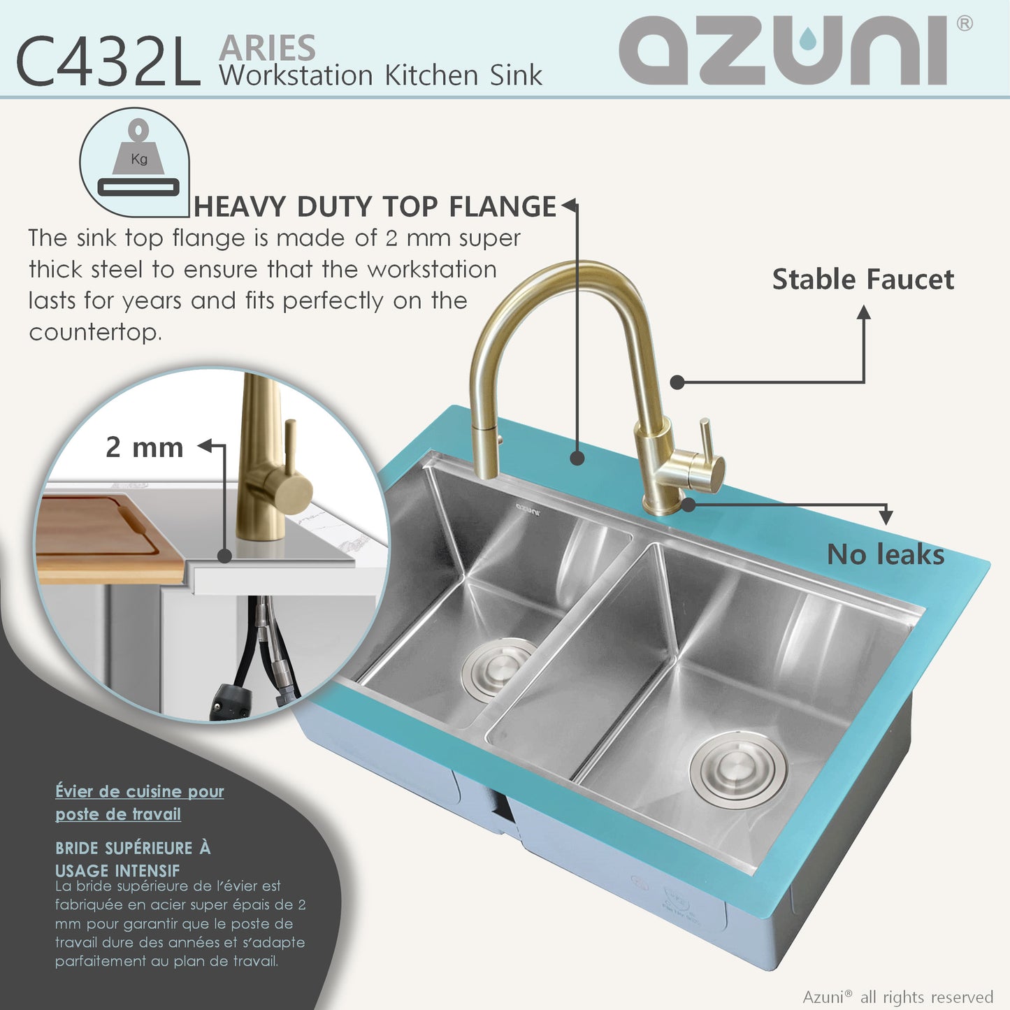 AZUNI 30"L x 20.5"W Aries Top mounted Double Bowl Stainless Steel Ledge Workstation Kitchen Sink accessories included