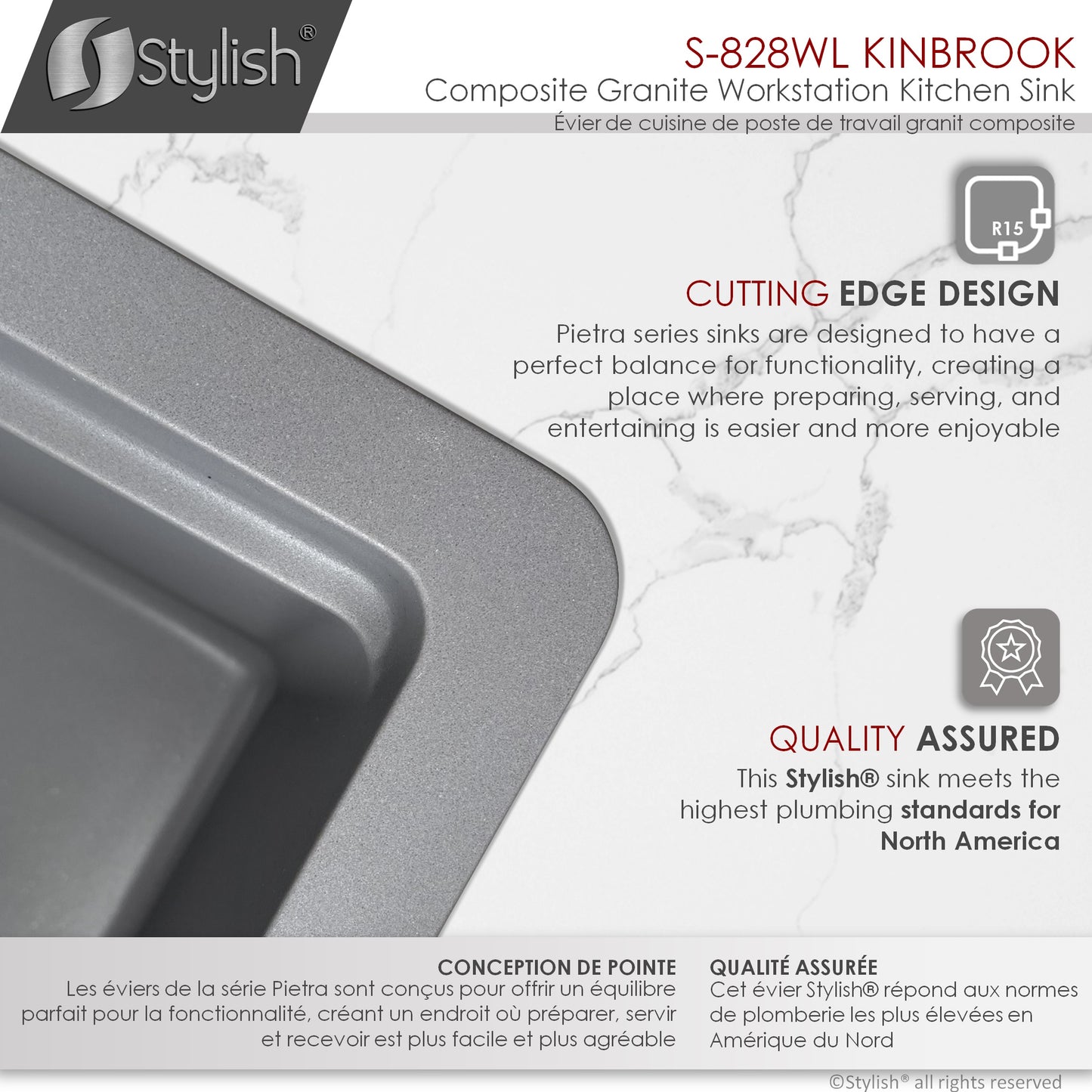 STYLISH 28" Kinbrook Dual Mount  Workstation Single Bowl Gray Composite Granite Kitchen Sink with Built in Accessories
