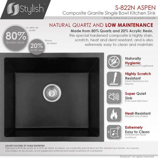 STYLISH 22" Aspen Dual Mount Single Bowl Black Composite Granite Kitchen Sink with Strainer