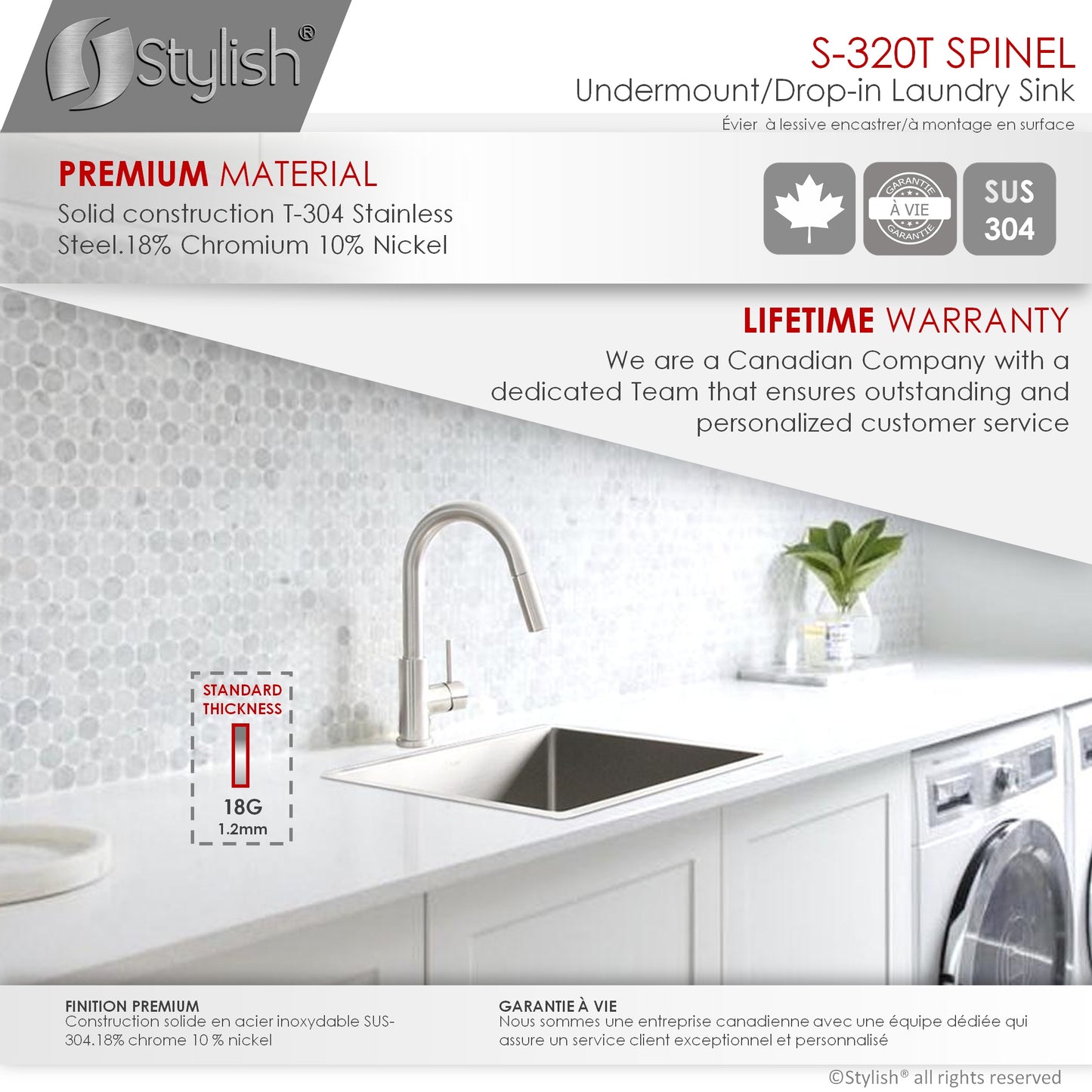 STYLISH 22" x 18" Spinel Single Bowl Undermount and Drop-in Stainless Steel Laundry Sink S-320T